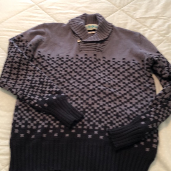 Triko Mens XL Cotton Sweater Navy/lt blue pattern. One button turn down collar - Picture 4 of 7